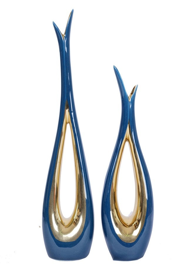 Dawbun Blue and Gold Vase for Home Decor Navy Blue Hollow Ceramic Vases Set of 2 Nordic Minimalist Decorative Vase for Table Centerpiece Modern Flower Vases for Wedding Dining Living Room Office Decoration - Image 1
